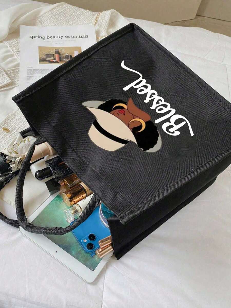 Queen Cartoon Character Printed Tote Bag Set – “Blessing” Letter Design