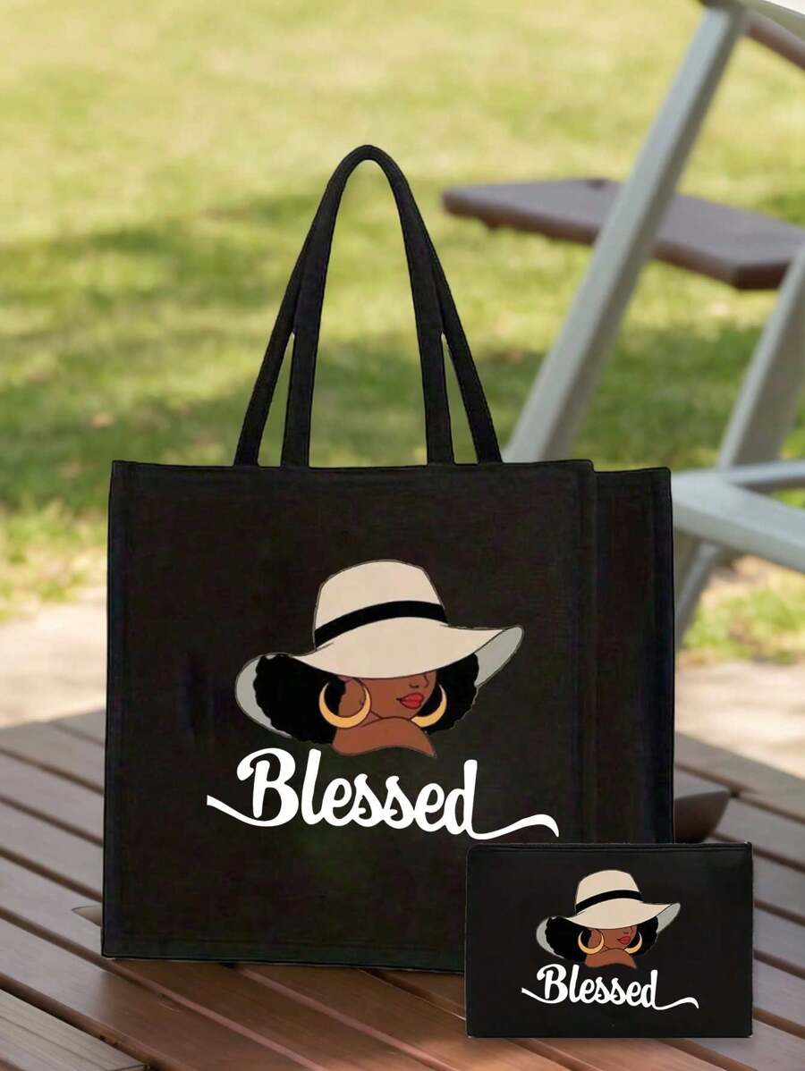 Queen Cartoon Character Printed Tote Bag Set – “Blessing” Letter Design