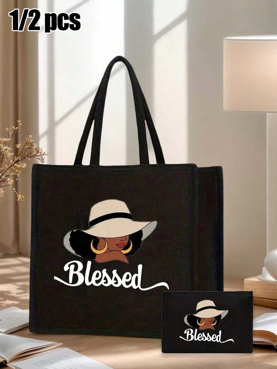 Queen Cartoon Character Printed Tote Bag Set – “Blessing” Letter Design