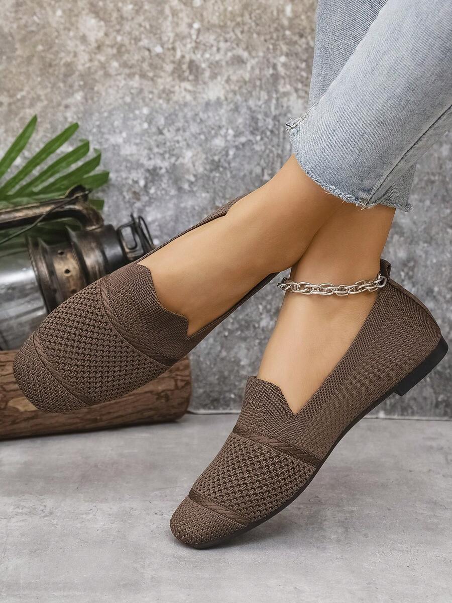 Women's Knitted Flat Loafers, Comfortable Square Toe Dolly Shoes, Breathable Mother Shoes For Spring/Autumn