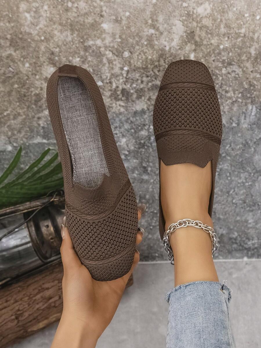 Women's Knitted Flat Loafers, Comfortable Square Toe Dolly Shoes, Breathable Mother Shoes For Spring/Autumn