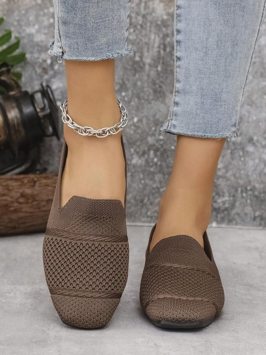 Women's Knitted Flat Loafers, Comfortable Square Toe Dolly Shoes, Breathable Mother Shoes For Spring/Autumn