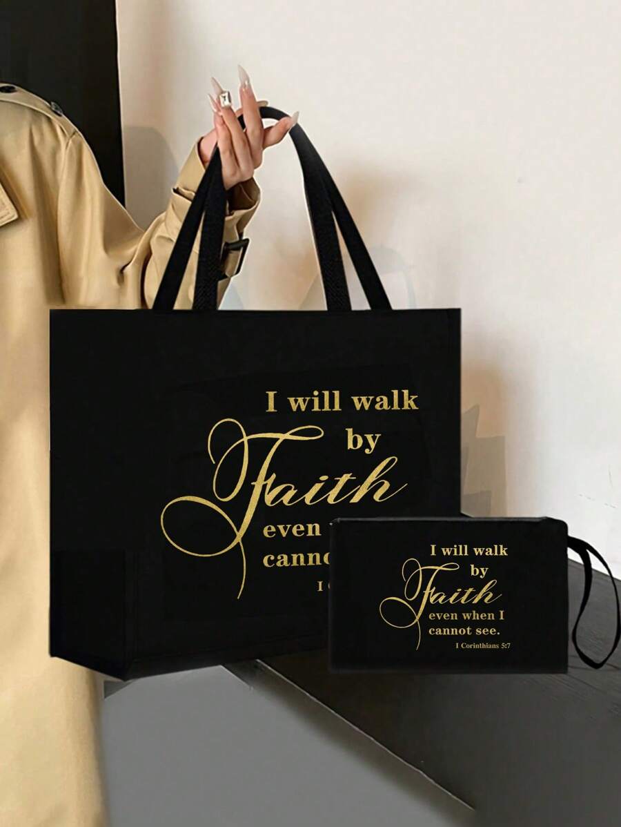Tote Bag Set with Motivational Golden Letter Print