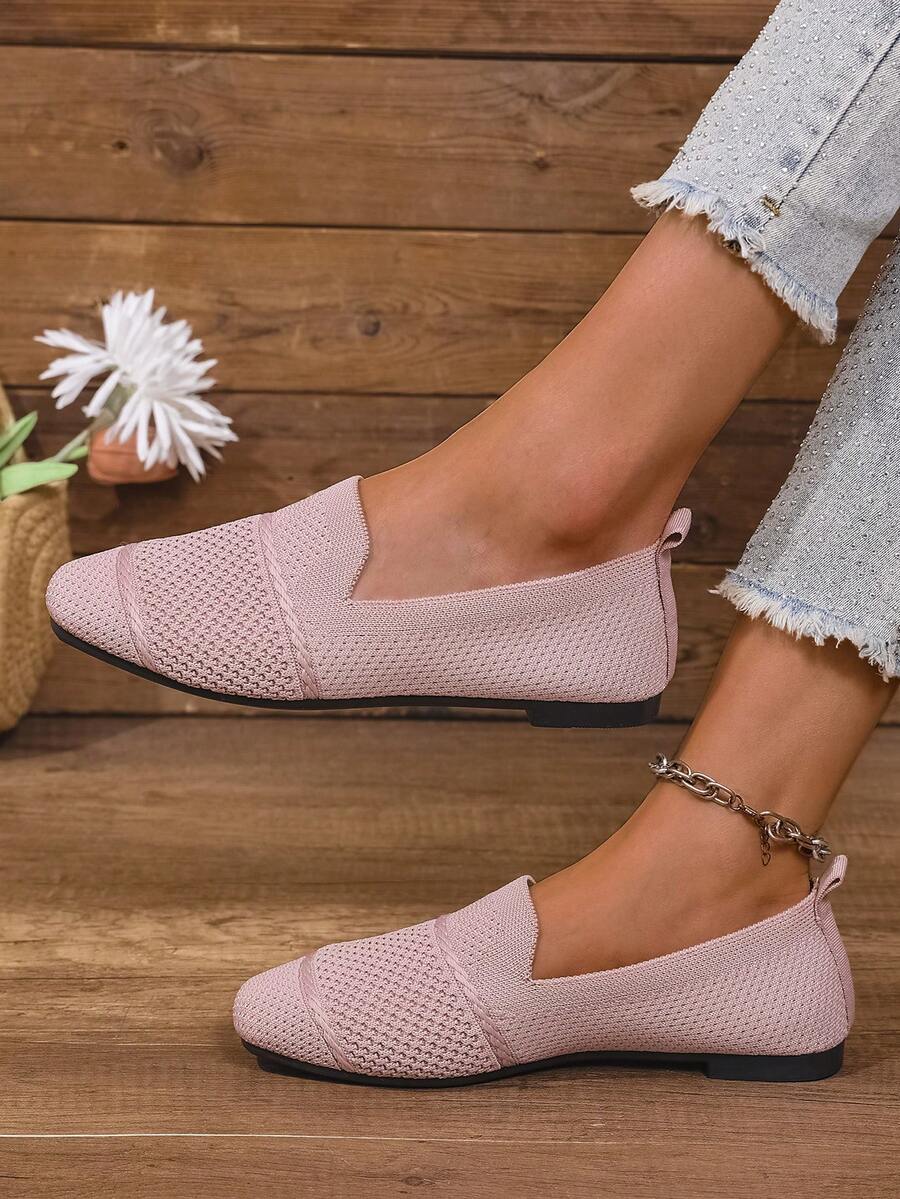 Women's Knitted Flat Loafers, Comfortable Square Toe Dolly Shoes, Breathable Mother Shoes For Spring/Autumn