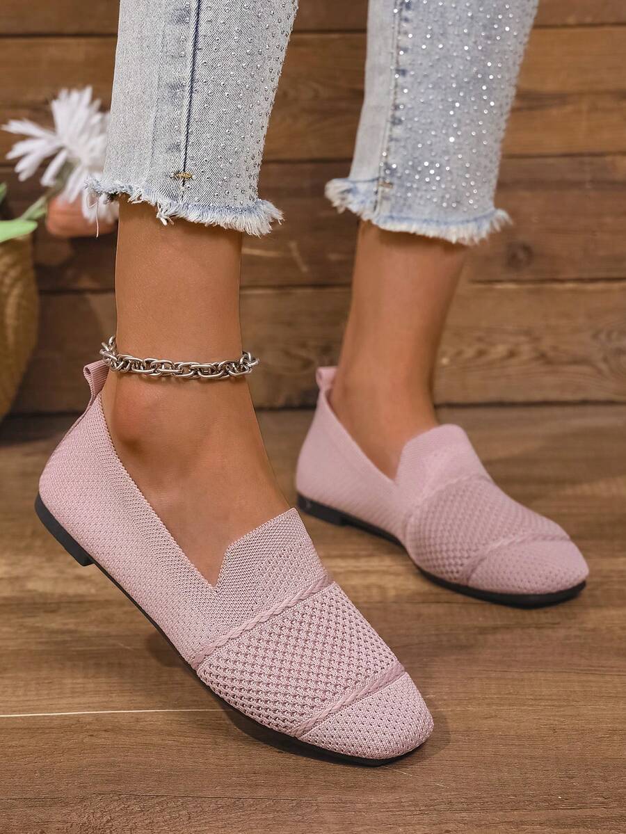 Women's Knitted Flat Loafers, Comfortable Square Toe Dolly Shoes, Breathable Mother Shoes For Spring/Autumn