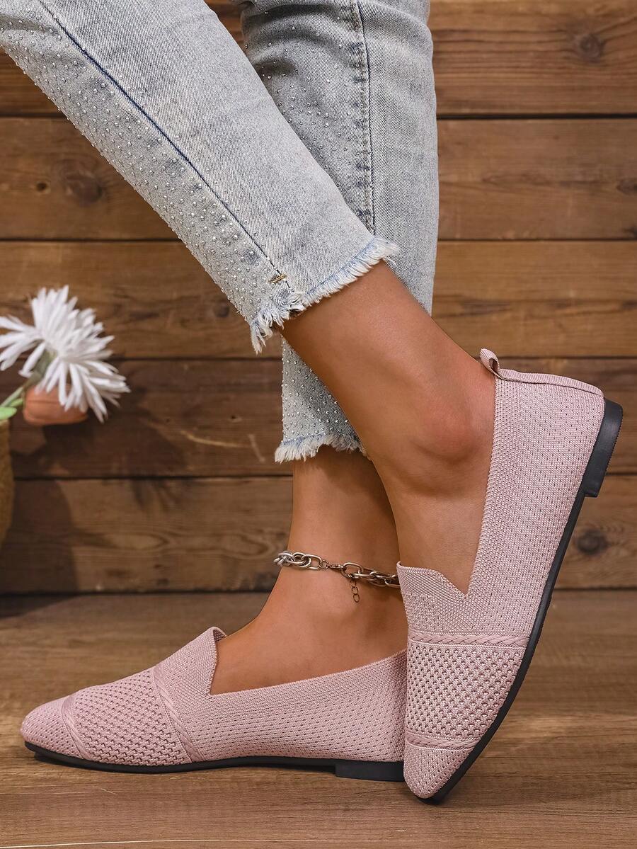 Women's Knitted Flat Loafers, Comfortable Square Toe Dolly Shoes, Breathable Mother Shoes For Spring/Autumn