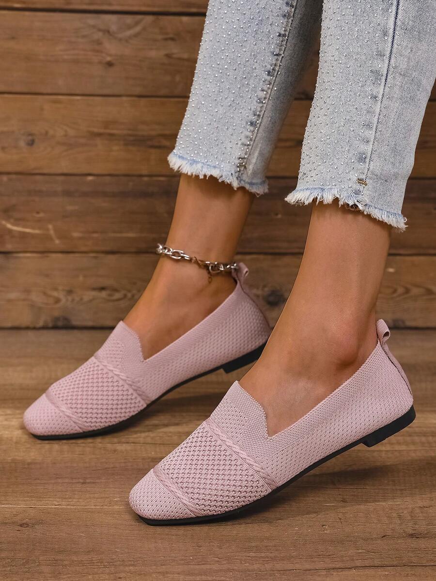 Women's Knitted Flat Loafers, Comfortable Square Toe Dolly Shoes, Breathable Mother Shoes For Spring/Autumn