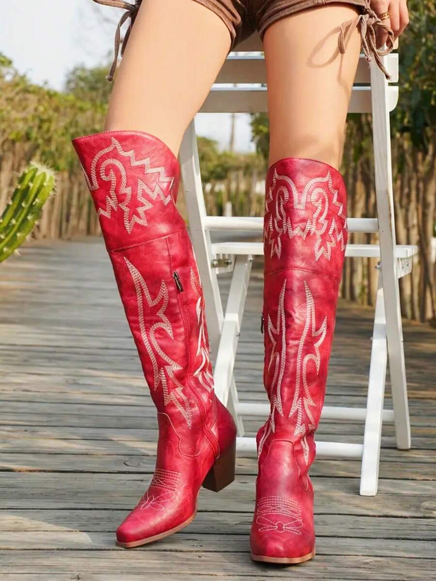 2025 Y2K Western Riding Knee-High Boots – Brown Embroidered Elegance