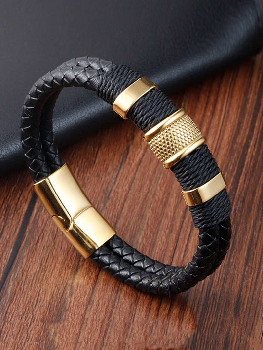 Elegant Men’s Double Layer Braided Faux Leather Bracelet With Gold Stainless Steel Clasp