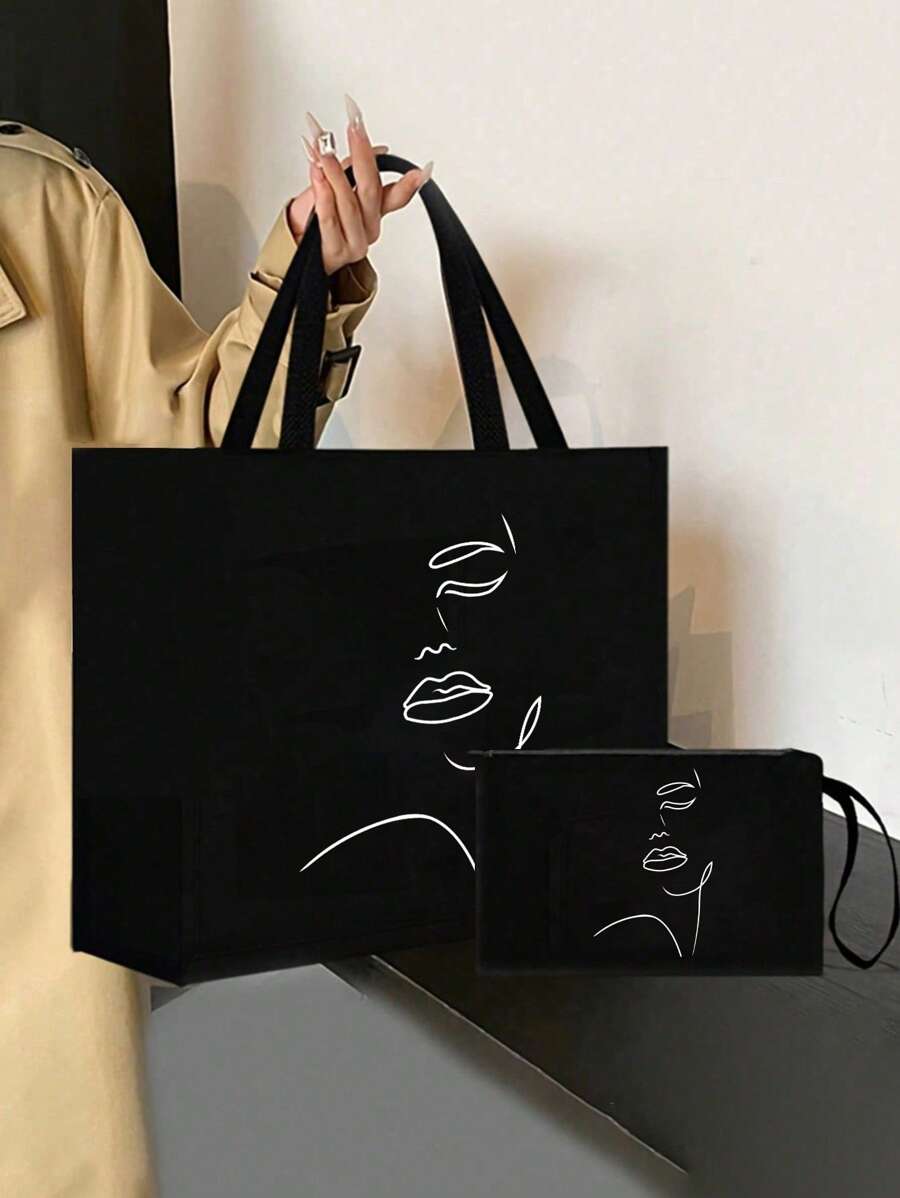 Queen Cartoon Character Printed Tote Bag Set – “Blessing” Letter Design