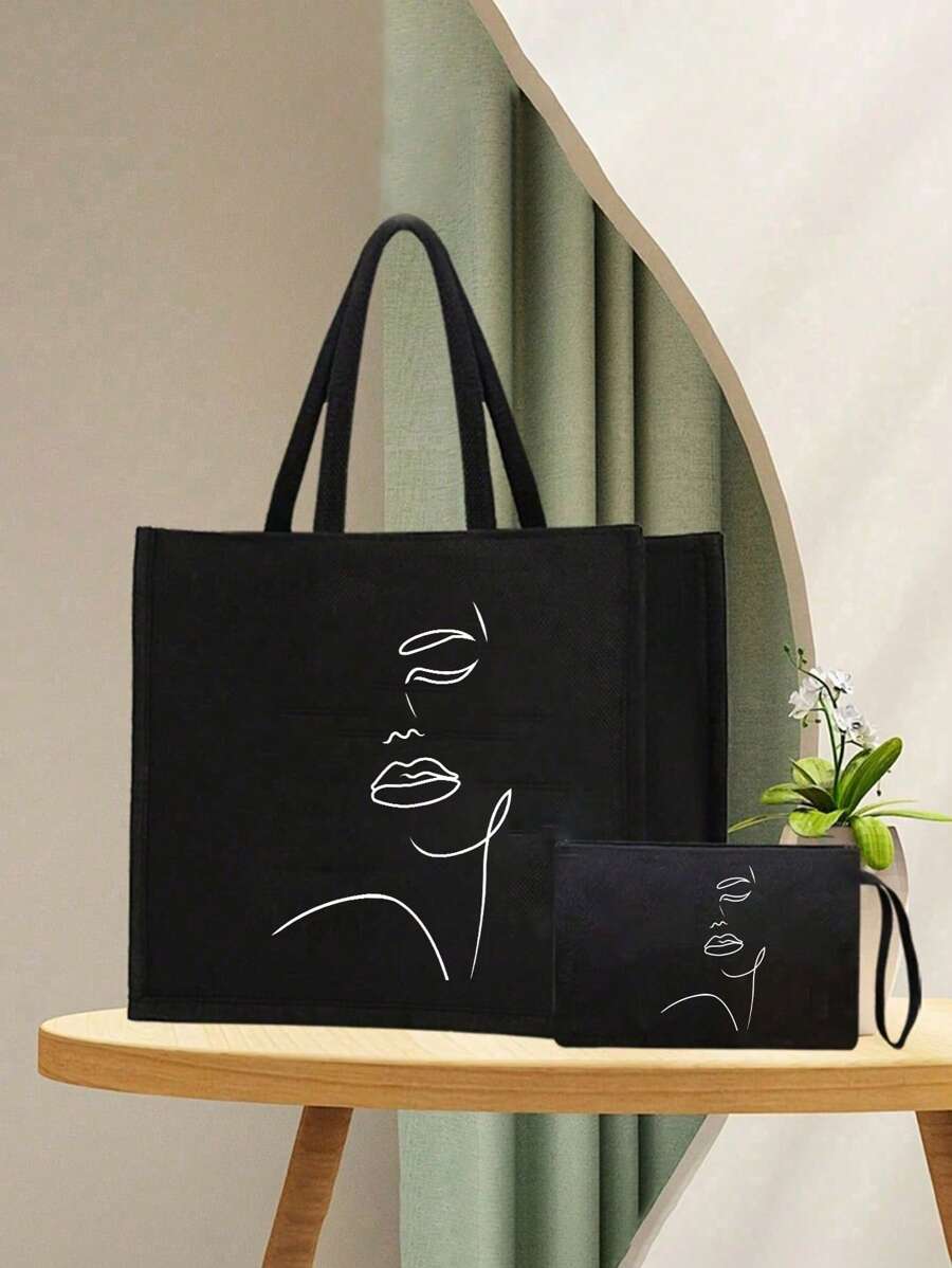 Queen Cartoon Character Printed Tote Bag Set – “Blessing” Letter Design