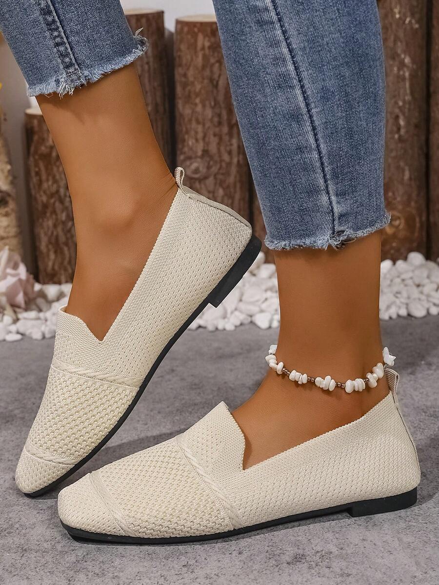 Women's Knitted Flat Loafers, Comfortable Square Toe Dolly Shoes, Breathable Mother Shoes For Spring/Autumn