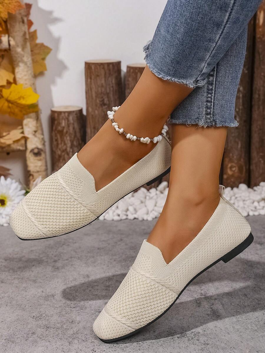Women's Knitted Flat Loafers, Comfortable Square Toe Dolly Shoes, Breathable Mother Shoes For Spring/Autumn