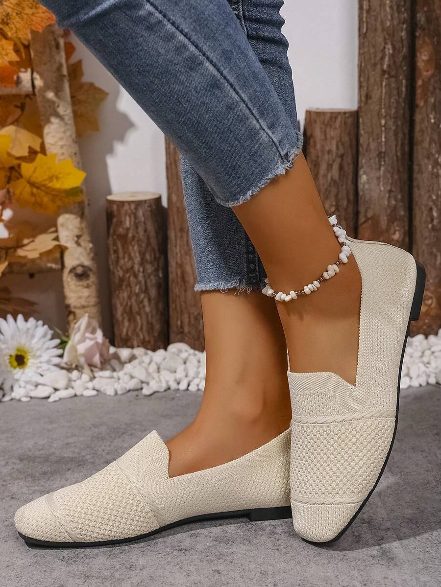 Women's Knitted Flat Loafers, Comfortable Square Toe Dolly Shoes, Breathable Mother Shoes For Spring/Autumn