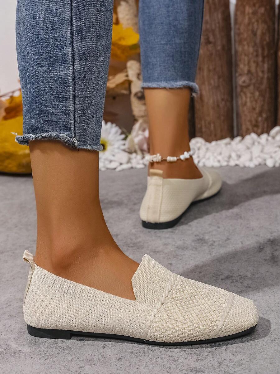 Women's Knitted Flat Loafers, Comfortable Square Toe Dolly Shoes, Breathable Mother Shoes For Spring/Autumn