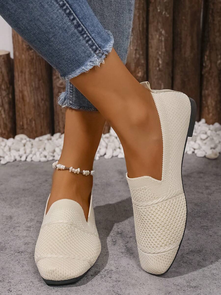 Women's Knitted Flat Loafers, Comfortable Square Toe Dolly Shoes, Breathable Mother Shoes For Spring/Autumn