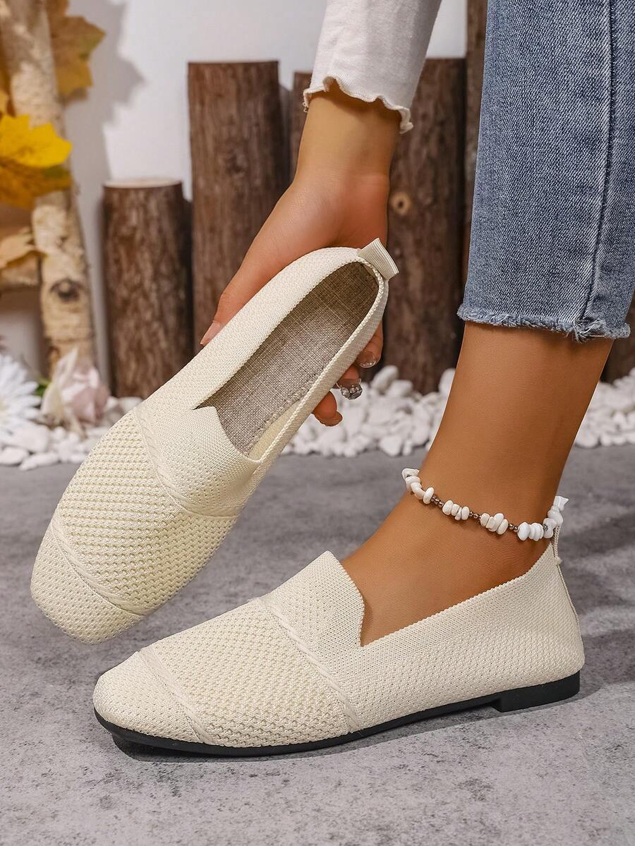 Women's Knitted Flat Loafers, Comfortable Square Toe Dolly Shoes, Breathable Mother Shoes For Spring/Autumn
