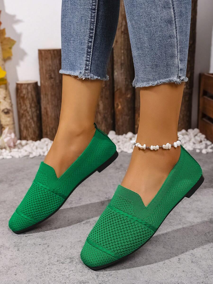 Women's Knitted Flat Loafers, Comfortable Square Toe Dolly Shoes, Breathable Mother Shoes For Spring/Autumn