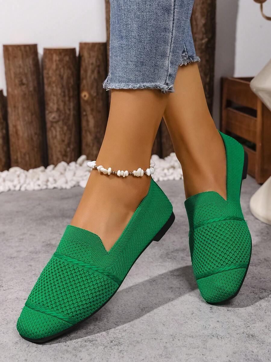 Women's Knitted Flat Loafers, Comfortable Square Toe Dolly Shoes, Breathable Mother Shoes For Spring/Autumn