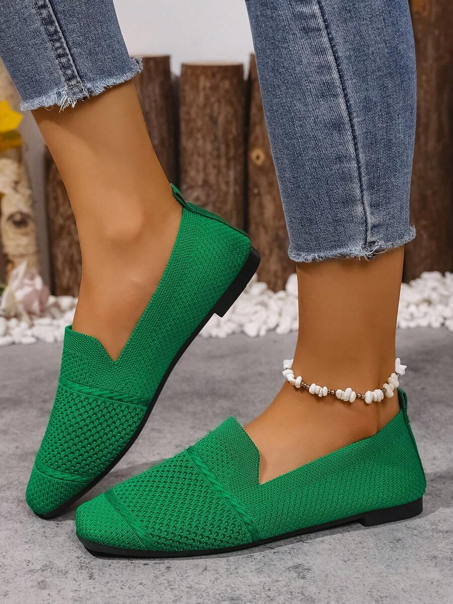 Women's Knitted Flat Loafers, Comfortable Square Toe Dolly Shoes, Breathable Mother Shoes For Spring/Autumn