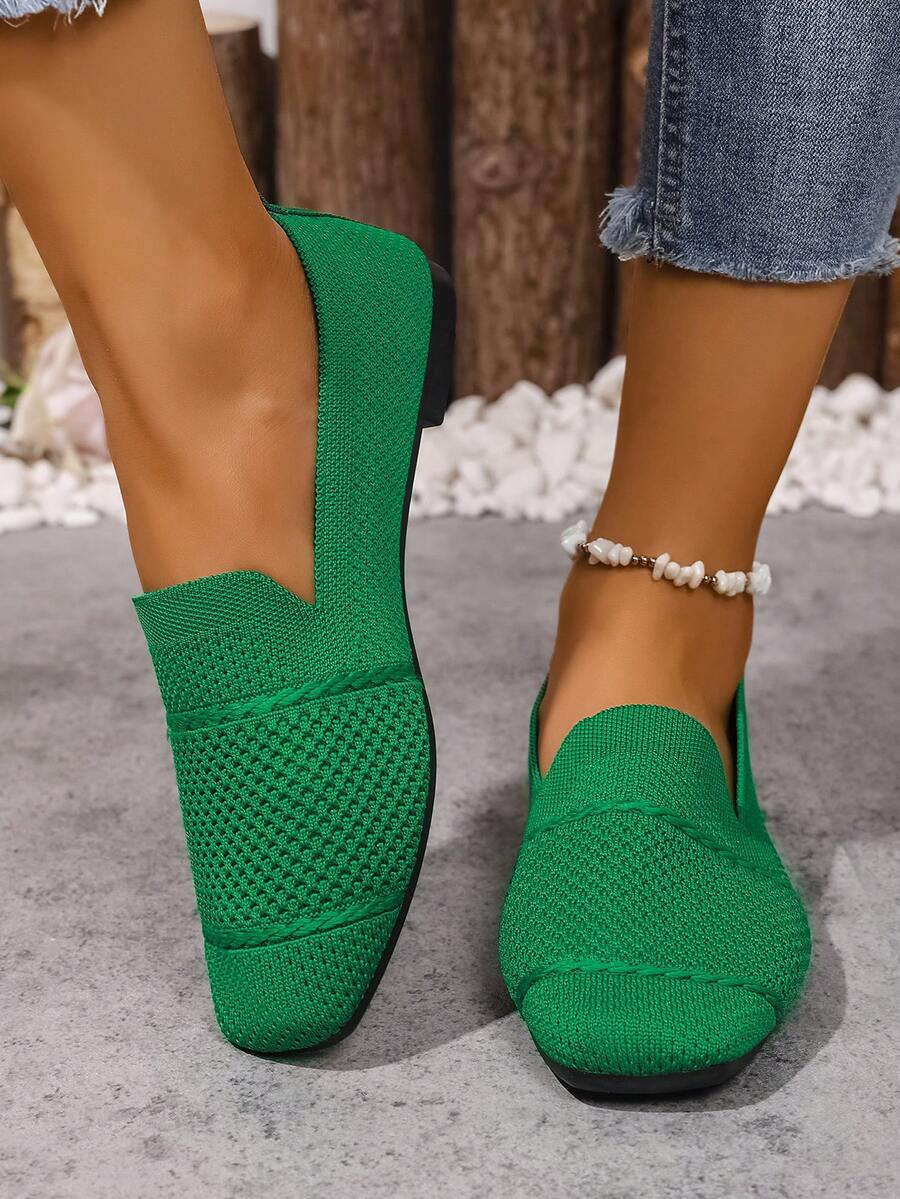 Women's Knitted Flat Loafers, Comfortable Square Toe Dolly Shoes, Breathable Mother Shoes For Spring/Autumn