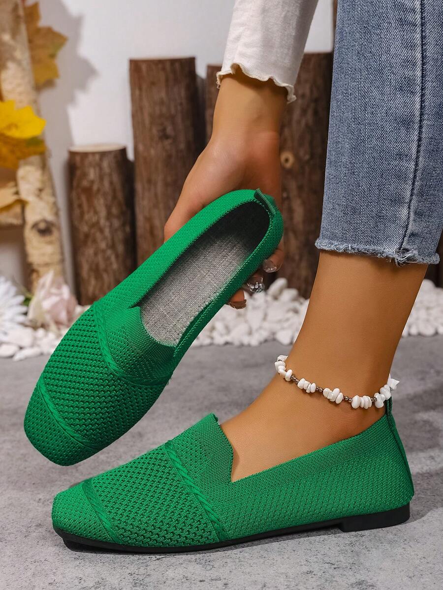 Women's Knitted Flat Loafers, Comfortable Square Toe Dolly Shoes, Breathable Mother Shoes For Spring/Autumn