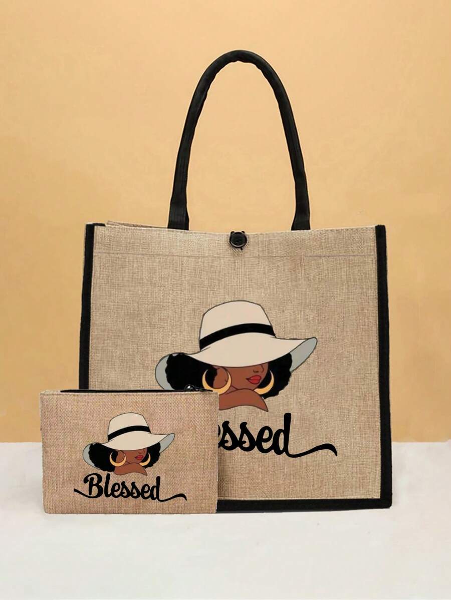 Queen Cartoon Character Printed Tote Bag Set – “Blessing” Letter Design