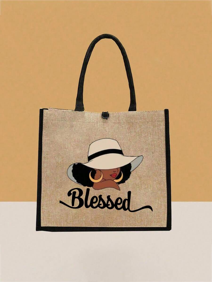 Queen Cartoon Character Printed Tote Bag Set – “Blessing” Letter Design