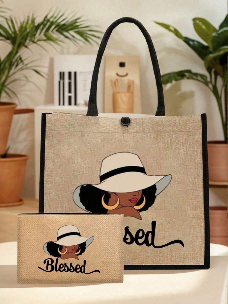 Queen Cartoon Character Printed Tote Bag Set – “Blessing” Letter Design