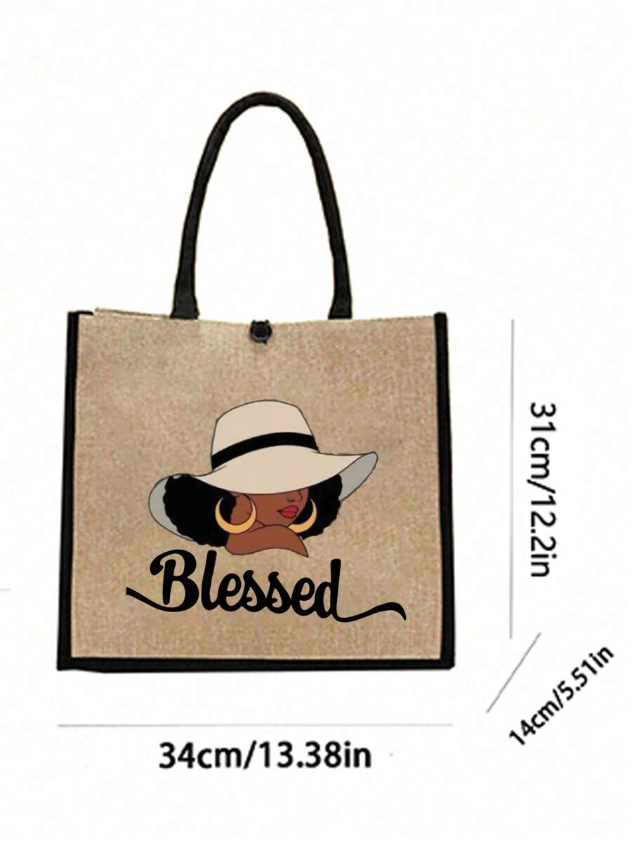 Queen Cartoon Character Printed Tote Bag Set – “Blessing” Letter Design