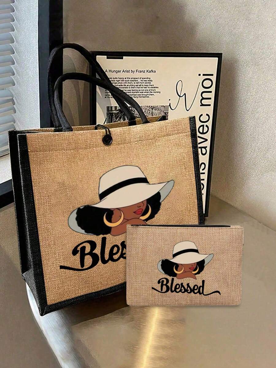 Queen Cartoon Character Printed Tote Bag Set – “Blessing” Letter Design