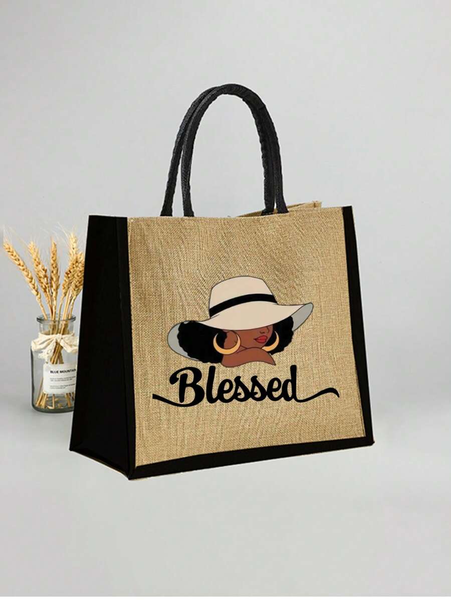 Queen Cartoon Character Printed Tote Bag Set – “Blessing” Letter Design