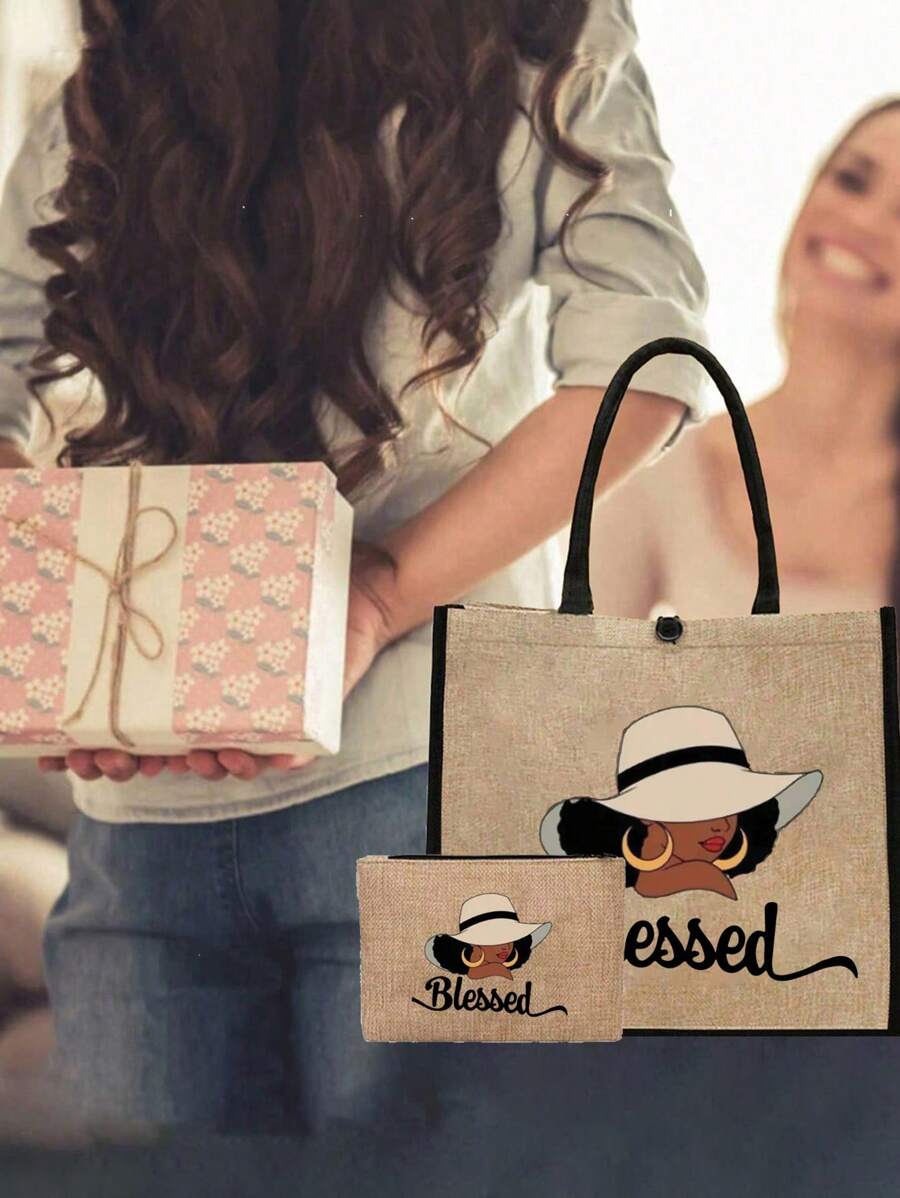 Queen Cartoon Character Printed Tote Bag Set – “Blessing” Letter Design