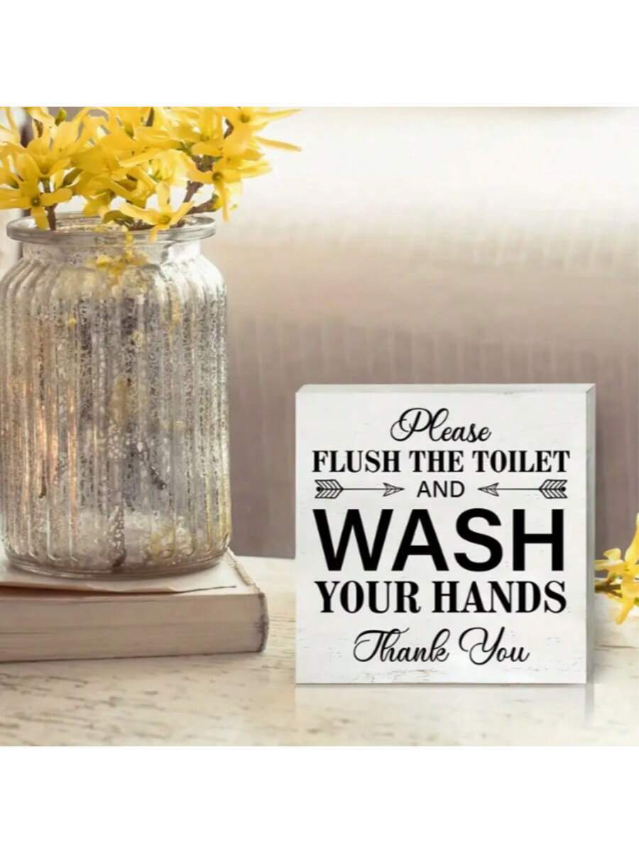 Bathroom Hand Washing Wooden Box Sign – 1pc/2pcs | Rustic Desktop Décor