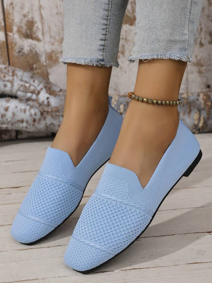 Women's Knitted Flat Loafers, Comfortable Square Toe Dolly Shoes, Breathable Mother Shoes For Spring/Autumn