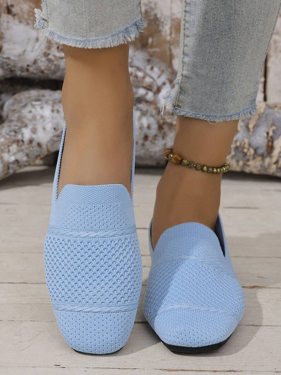 Women's Knitted Flat Loafers, Comfortable Square Toe Dolly Shoes, Breathable Mother Shoes For Spring/Autumn