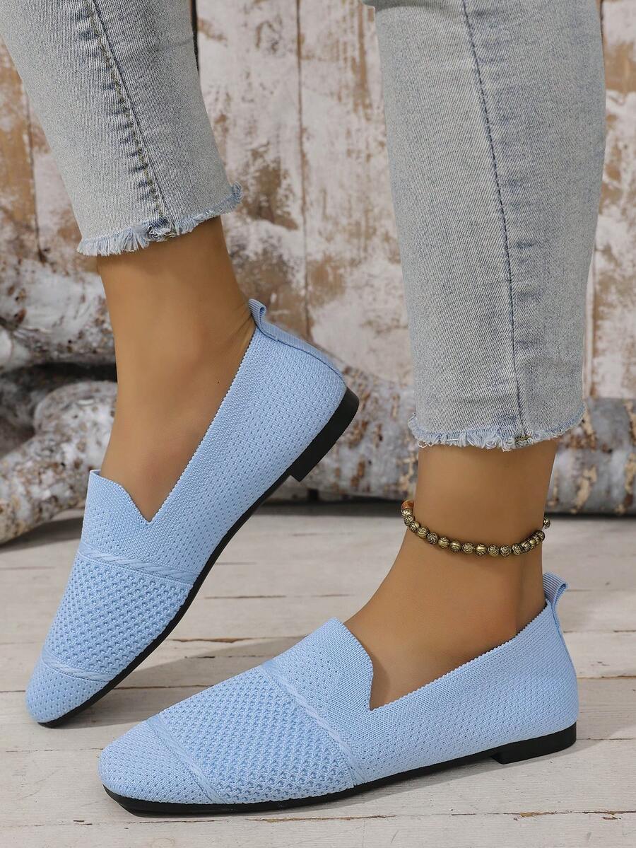 Women's Knitted Flat Loafers, Comfortable Square Toe Dolly Shoes, Breathable Mother Shoes For Spring/Autumn