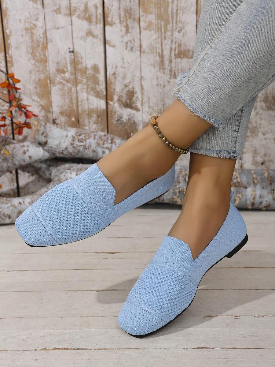 Women's Knitted Flat Loafers, Comfortable Square Toe Dolly Shoes, Breathable Mother Shoes For Spring/Autumn