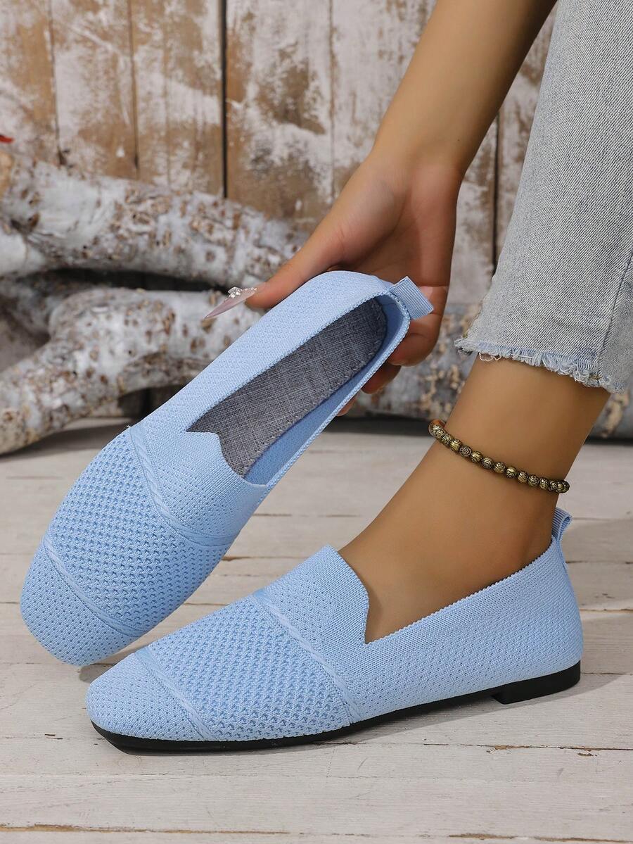 Women's Knitted Flat Loafers, Comfortable Square Toe Dolly Shoes, Breathable Mother Shoes For Spring/Autumn