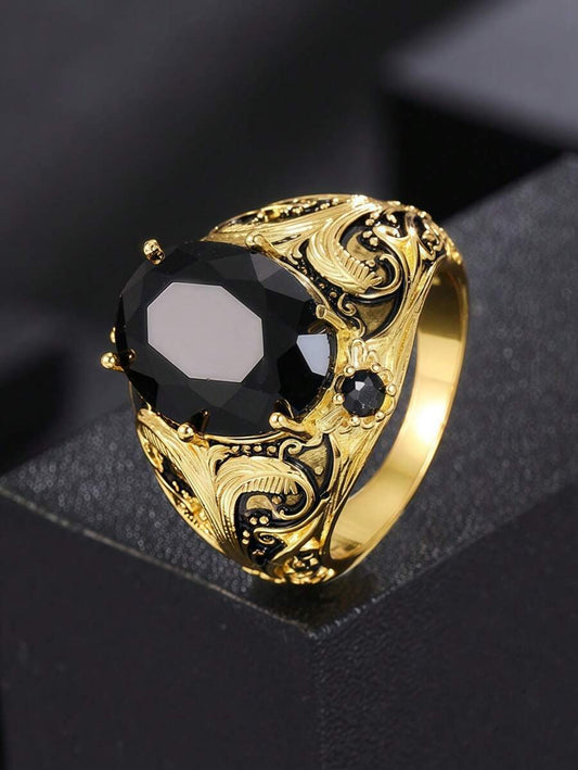 Vintage Men’s Copper Ring with Black Oval Artificial Diamond