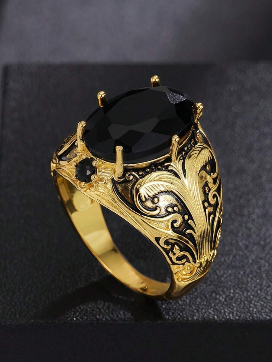 Vintage Men’s Copper Ring with Black Oval Artificial Diamond