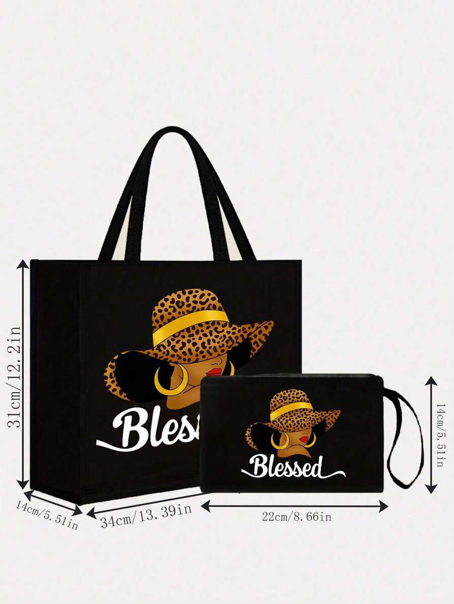 Queen Cartoon Character Printed Tote Bag Set – “Blessing” Letter Design
