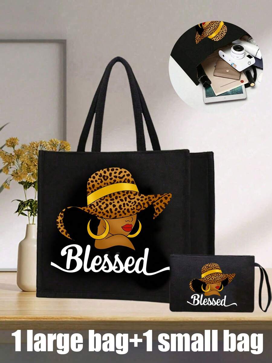 Queen Cartoon Character Printed Tote Bag Set – “Blessing” Letter Design