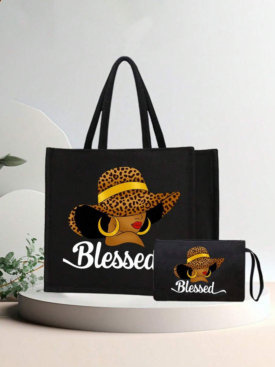 Queen Cartoon Character Printed Tote Bag Set – “Blessing” Letter Design
