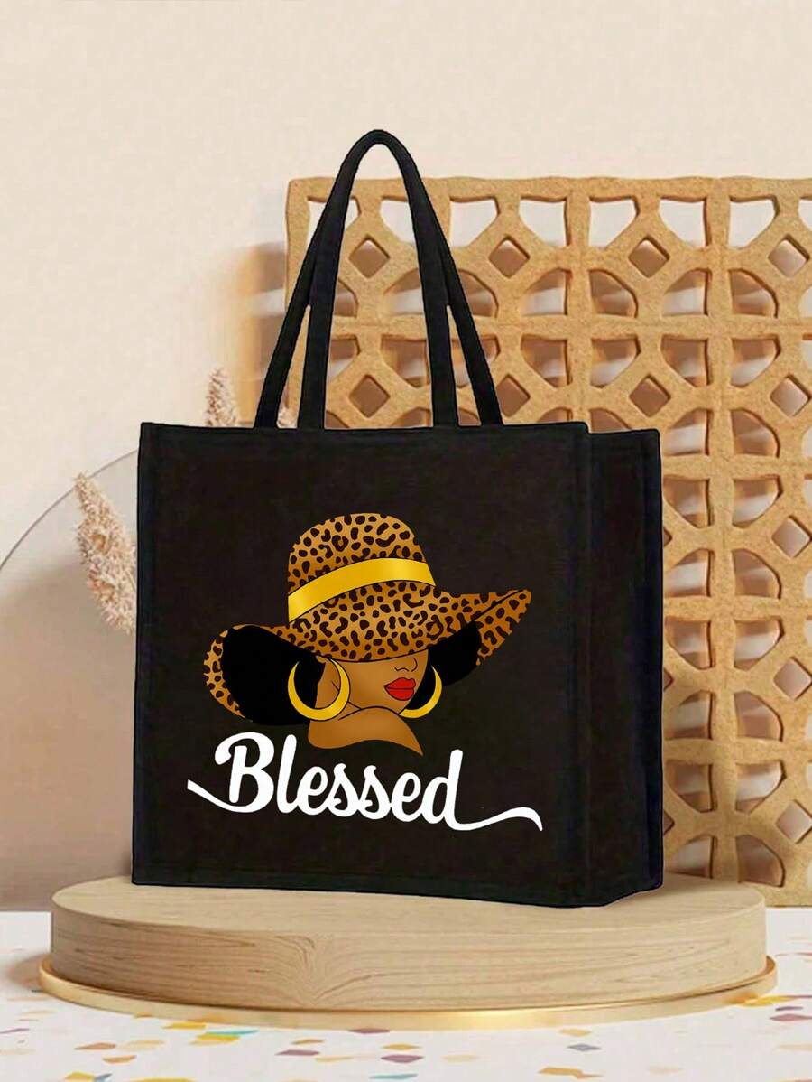 Queen Cartoon Character Printed Tote Bag Set – “Blessing” Letter Design