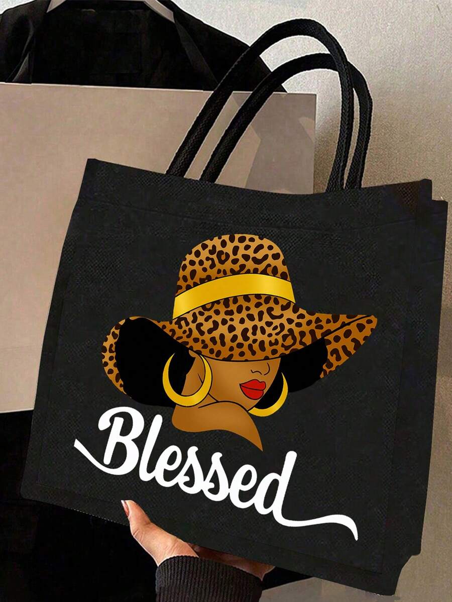 Queen Cartoon Character Printed Tote Bag Set – “Blessing” Letter Design