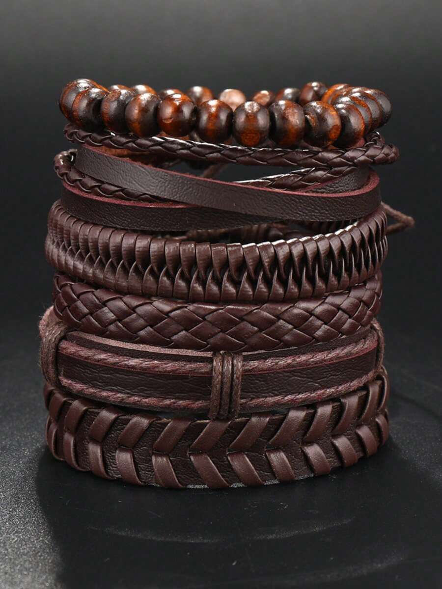 4-12pcs Casual Vintage Leather Adjustable Bracelet Set, Suitable For Men's Daily Wear, Birthday, Party, Date, Gift