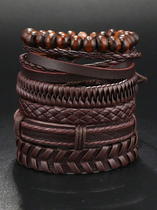 4-12pcs Casual Vintage Leather Adjustable Bracelet Set, Suitable For Men's Daily Wear, Birthday, Party, Date, Gift
