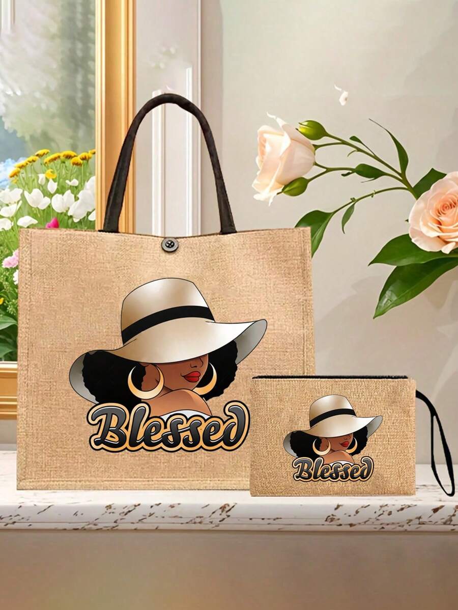 Queen Cartoon Character Printed Tote Bag Set – “Blessing” Letter Design