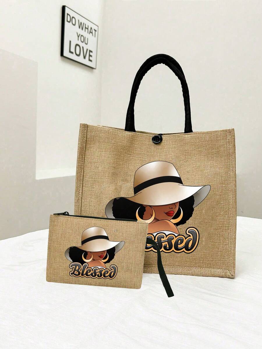Queen Cartoon Character Printed Tote Bag Set – “Blessing” Letter Design